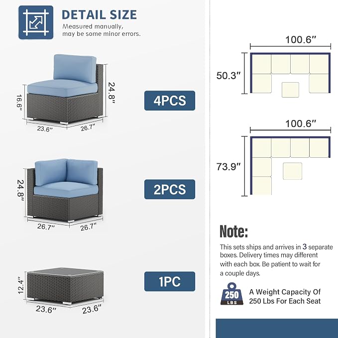 SUNCROWN 7-Piece Outdoor Patio Furniture Sofa Set All-Weather Wicker Sectional Conversation Set with Modern Glass Coffee Table and Cushions（Light Blue）