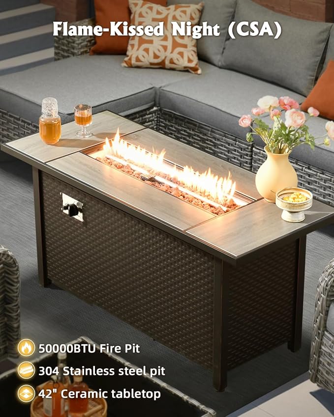 Outdoor Sectional Patio Furniture Set with Fire Pit Table,8 Pieces Wicker Conversation Sets L Shaped Couch,Extra Deep Out Door Sofa Outside Furniture with Swivel Chairs,Dark Gray