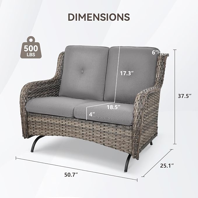 Patio Loveseat Wicker Loveseat Rattan Glider Sofa with Curved Armrest Thicking Back & Seat Cushions for Garden Balcony Backyard Grey Wicker|Grey Cushions (A) Patio Loveseat Glider