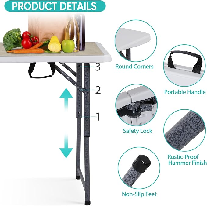 SUPER DEAL Portable 4 Foot Plastic Folding Table, Indoor Outdoor Heavy Duty Fold-in-Half Picnic Party Camping Barbecues Table with Carrying Handle, White
