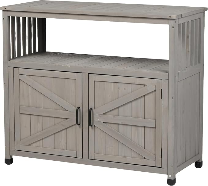 Outdoor Storage Cabinet, Patio Cabinet, Solid Wood Outdoor Console Table, Grey Slatted Buffet Cabinet Sideboard for Patio, Deck, Backyard, 220 Lb Capacity