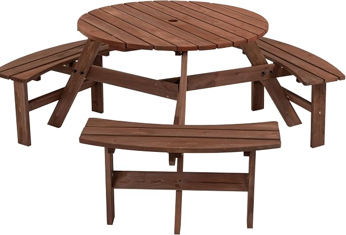 HomVent 6-Person Solid Wood Picnic Table for Patio Backyard Garden Outdoor Circular Picnic Table Set with 3 Built-in Benches & Umbrella Hole, 500lb Capacity - Walnut