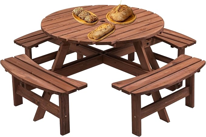 70 in. Round Wooden Picnic Table for 8 Persons with 4 Built-in Benches, 2220 lbs Capacity Outdoor Camping Dining Set for Garden, Patio, Backyard, DIY Natural Finish with Umbrella Hole