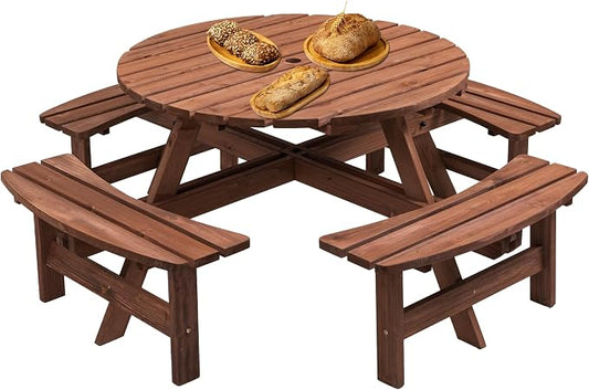 70 in. Round Wooden Picnic Table for 8 Persons with 4 Built-in Benches, 2220 lbs Capacity Outdoor Camping Dining Set for Garden, Patio, Backyard, DIY Natural Finish with Umbrella Hole