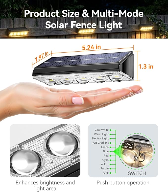 KOOPER Solar Fence Lights Outdoor Waterproof, 8 Pack Warm White & 9 Fixed Colors & Color Changing Fence Lights Solar Powered, Solar Lights Outdoor Fence for Outside Backyard Railing Patio Wall Deck