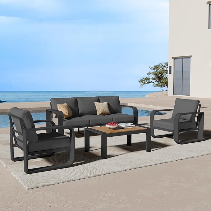 Oversized Aluminum Outdoor Furniture Set, Extra Large Patio Furniture Sofa Set 4.8” Widened Armrest & Ultra-Thick Cushions, 4 Pcs Modern Patio Sectional for Backyard, Porch, Graphite
