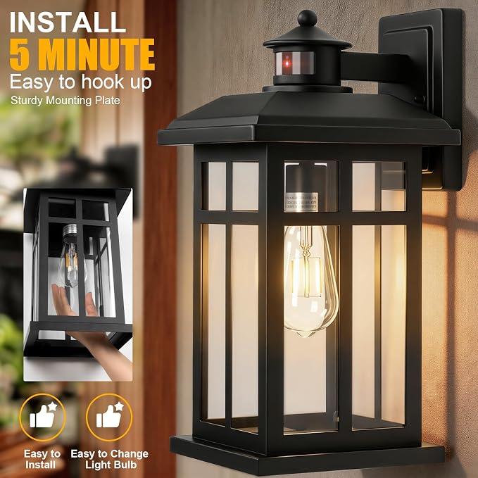 Brilvibera 2-Pack 16" Large Black Outdoor Wall Light | Exterior Lighting Fixtures, Dusk Till Dawn Outdoor Light Fixture Black, Waterproof Farmhouse Wall Lanterns for Porch