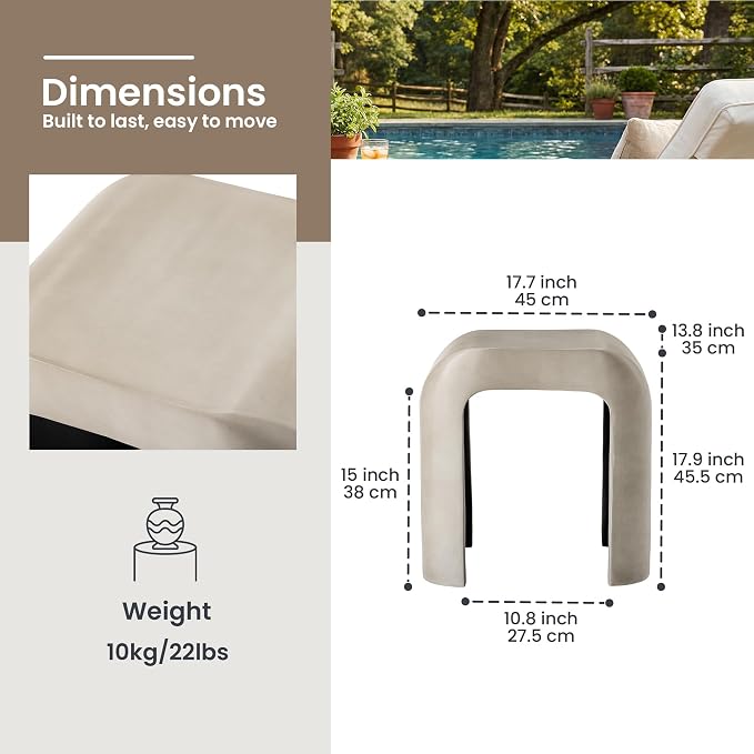 HOMPUS Outdoor Side Table, Concrete End Table w U-Shaped, Round Patio MgO Coffee End Table, Modern Accent Stone Garden Stool for Indoor Outdoor Use, Gray