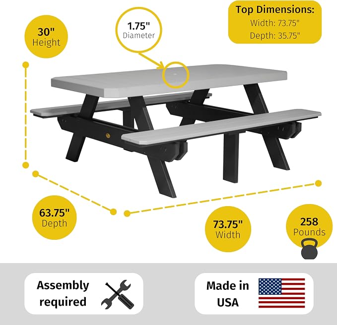 LuxCraft 6 Foot Poly Rectangular Picnic Table - Outdoor Furniture, Dining Height Table with Umbrella Hole, Seats 6 Adults, All Weather - Amish Made in USA (Antique Mahogany & Black)
