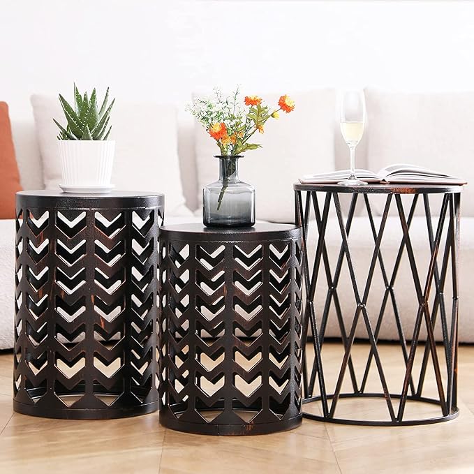 Y&M Outdoor Side Tables Set of 3, Nesting Metal End Coffee Tables, Indoor Round Accent Metal Tables for Patio, Porch, Balcony, Garden, Sunroom, and Living Room, Black with Bronze