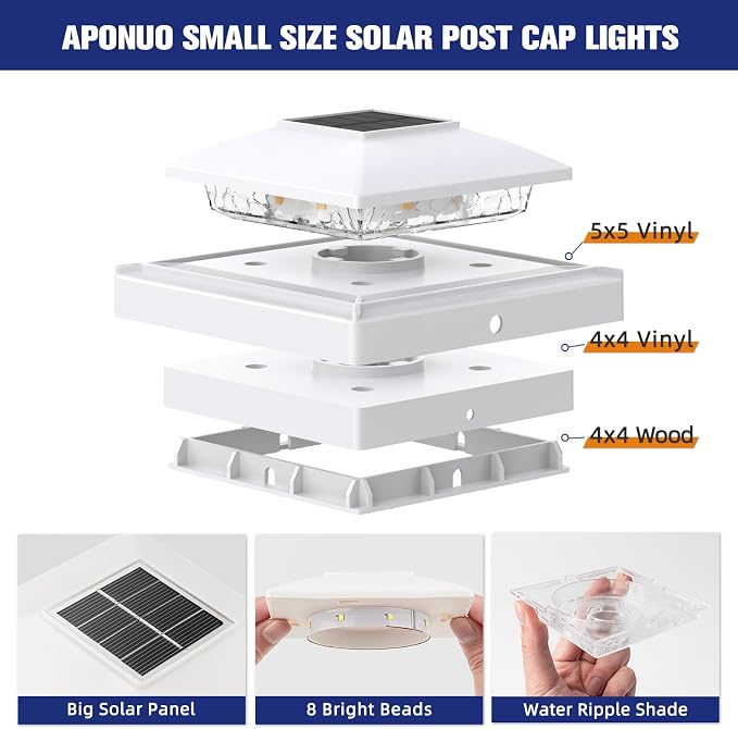APONUO Solar Post Cap Lights for 4x4 5x5 Posts - IP64 Waterproof, 6500K LED, No-Wire Fence Lights & Deck Lights for Patio Garden Yard Patio, White-Cool White, 8 Pack