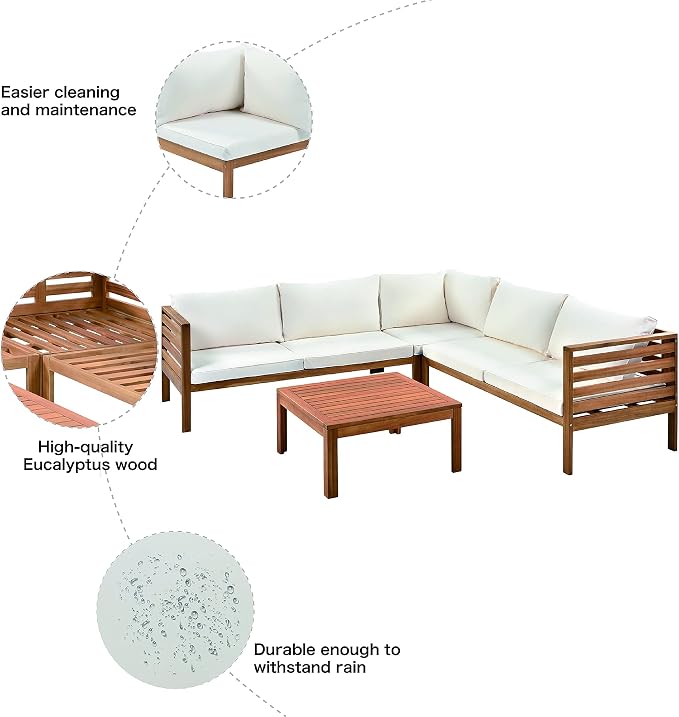 4 Piece Outdoor Patio Sectional Sofa w/Comfort Seat Cushions, All Weather Acacia Wood Patio Sectional Conversation Seat with Plus Coffee Table and Strong Metal Accessories, Water-resistant (Beige+AC)
