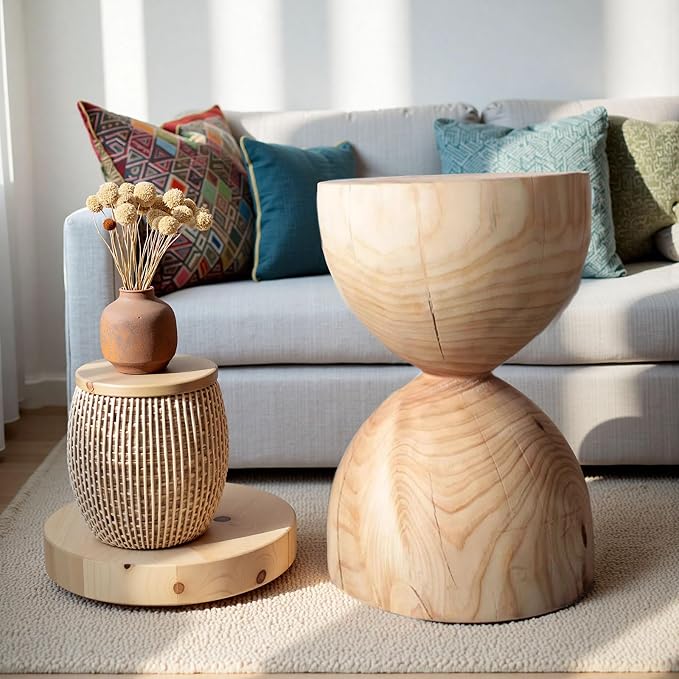 Wood Side Table、Round Wood Coffee Table, Wooden Stool, Side Table, Round end Tables Living Room(Color:Log Color)