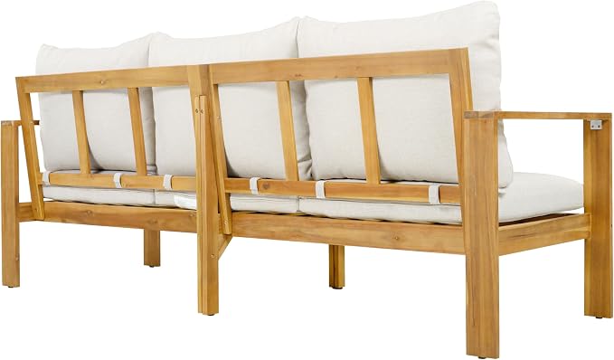 Christopher Knight Home Kayahs 3 Pieces Acacia Wood Furniture Set, Patio Conversation Sofa with Coffee Table and Ottoman, Outdoor 3-Seater Sofa Set for Backyard Balcony Gardern, Teak Finish+Beige