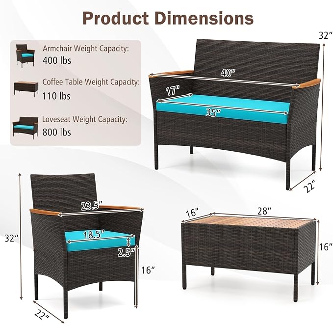 Tangkula 4 Pieces Patio Wicker Sofa Set, 2 Rattan Chairs & Loveseat w/Coffee Table, Acacia Wood Armrests & Tabletop, Outdoor Cushioned Conversation Set for Backyard, Poolside (Turquoise, 4 Pieces)