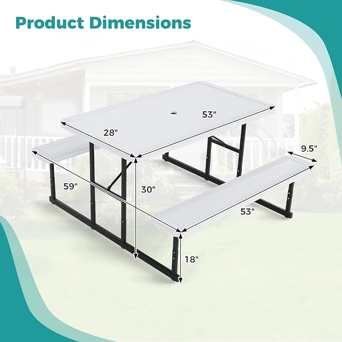 Byroce Outdoor Picnic Table for 4 Person, Rectangular Picnic Camping Table Set with Long Benches, Umbrella Hole & Metal Frame, Heavy Duty HDPE Dining Table Chairs for Patio, Yard & Poolside (White)