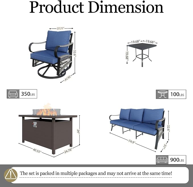 5-Piece Outdoor Furniture Set, Metal Swivel Rocking Chairs with All-Weather Cushions, Rope Patio Conversation Set with Fire Pit Table for Deck, Porch, Garden, Backyard, Poolside (Blue Cushions)