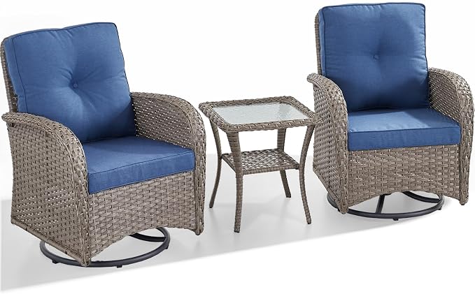 HUMMUH 3-Piece Wicker Swivel Rocking Patio Bistro Set, Grey/Blue | 360-degree swivel, 2-tier side table, UV-proof Olefin fabric, 4-inch sponge cushions, 3-inch armrests