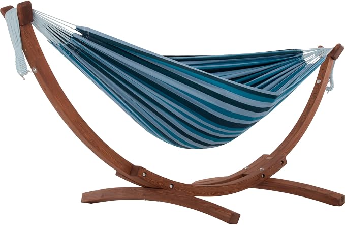 Vivere Double Cotton Hammock with Solid Pine Arc Stand - 450 lb Capacity, Durable FSC Wood Frame, Comfortable 87 Bed, Includes Hardware & User Guide (Blue Lagoon)
