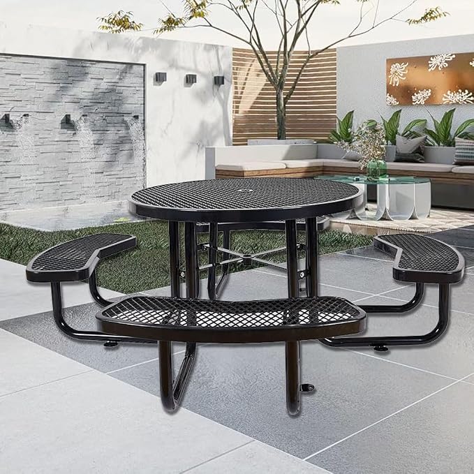 46" Round Commercial Picnic Table for 4-8 Person, Heavy Duty Metal Outdoor Picnic Table with Umbrella Hole for Coffee Shop, School, Hospital, Easy to Install, Black