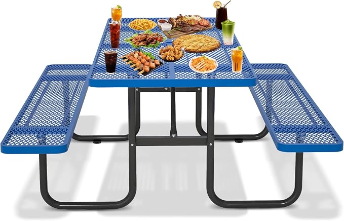 72'' Rectangular Steel Picnic Table for Outdoors,Commercial Metal Picnic Table with Umbrella Hole, Heavy Duty Sturdy Picnic Tables Furniture Set for Patio Garden Courtyard BBQ, Blue