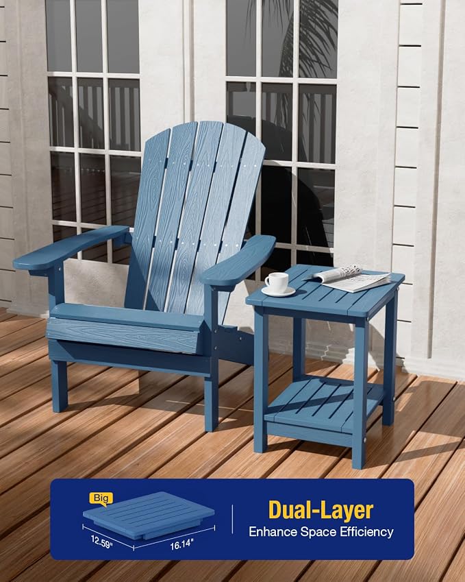 YEFU Outdoor Side Table for Patio: 16" HIPS Weather - Resistant Adirondack Tables Set of 2 - Small Square End Tables for Backyard Pool Porch Balcony - Indoor Outdoor Double Layer Table Navy Blue Blue