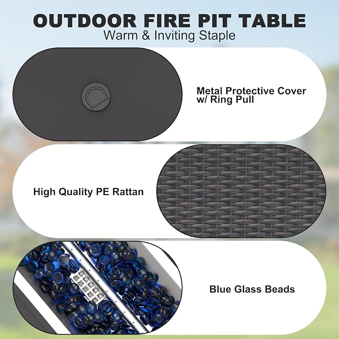 Patio Furniture Set with Fire Pit Table, 8PCS Outdoor Conversation Sets Waterproof Rattan Sectional Sofa with 4” Thickened Cushion Modular Wicker Patio Furniture Set with Glass Top Table (Blue)