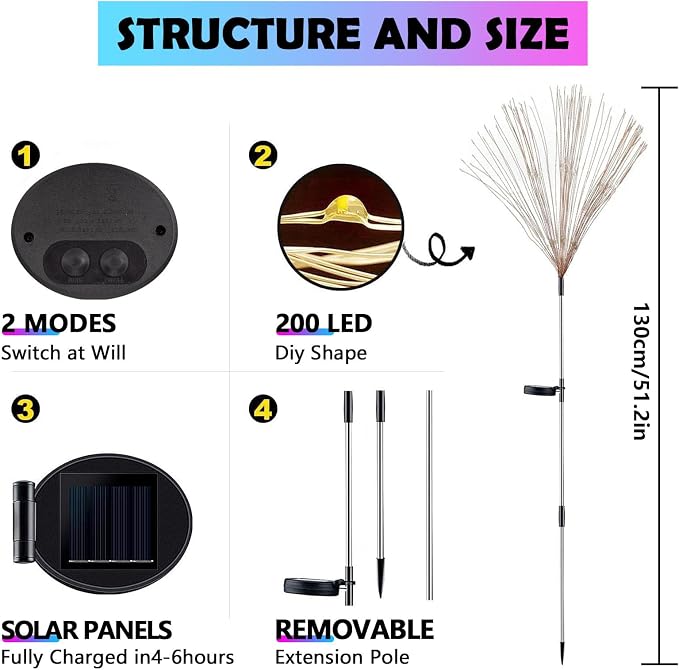 Solar Firework Lights Outdoor, Adjustable 32" to 51" Extra Tall, 200 LED Stainless Steel 3-Section Pole, 8 Modes Waterproof Starburst Garden Lights for Yard Pathway Walkway Decor(Warm White 6 Pack)