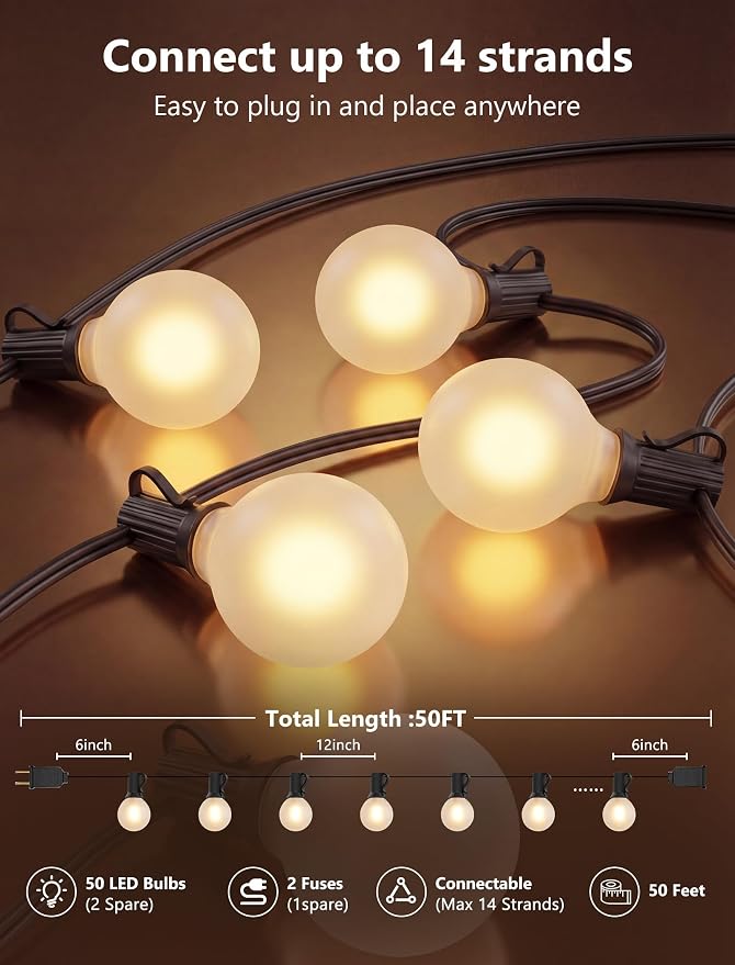 GOOTHY 50Ft LED Outdoor Patio String Lights - Waterproof Globe Lights with 52 Shatterproof Frosted Bulbs, Connectable for Wedding, Party, Christmas & Garden Decor, Black Wire
