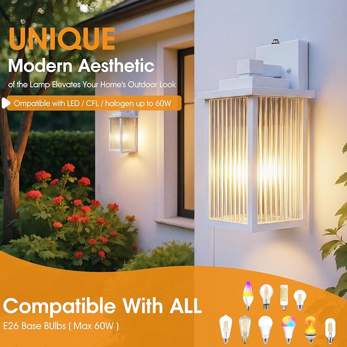 2-Pack 13" White Dusk to Dawn Wall-Mounted Exterior Light Fixtures | Auto On and Off, Anti-Rust Metal Frame, Tempered Glass, E26 Socket, Easy DIY Install on Porch, Garage
