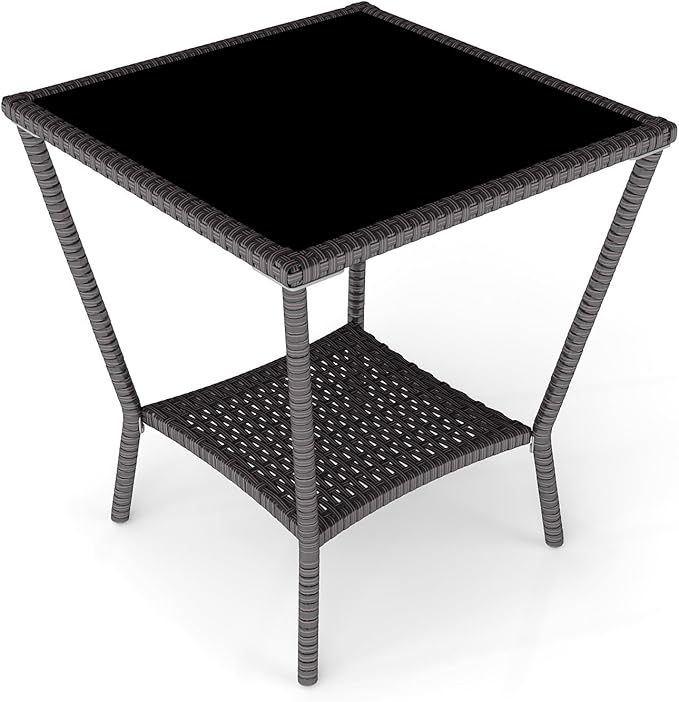 Kinfant Rattan Patio Side Table - Modern Wicker End Table, PE Rattan Coffee Table with Glass Top, Weather-Resistant Patio Furniture for Patio, Balcony, Garden, and Poolside (1, Black Brown)