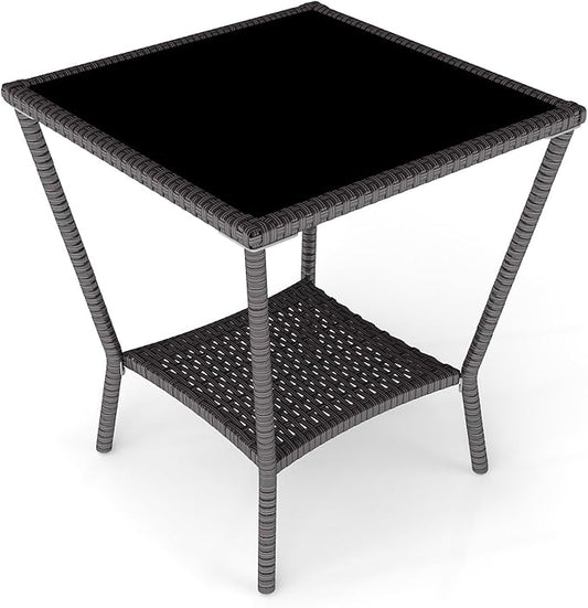 Kinfant Rattan Patio Side Table - Modern Wicker End Table, PE Rattan Coffee Table with Glass Top, Weather-Resistant Patio Furniture for Patio, Balcony, Garden, and Poolside (1, Black Brown)