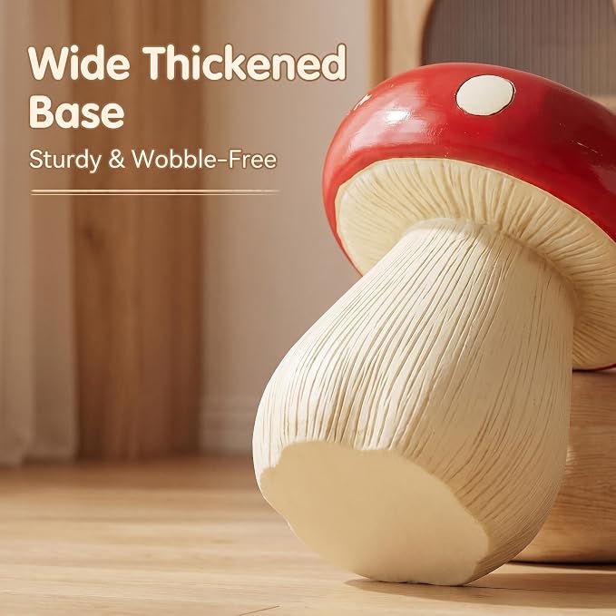 Large Mushroom Statue Stool – 13.4" Resin Garden Sculpture with Forest Base, Red Art Deco Outdoor Decor for Lawn Patio Courtyard, Weatherproof Decorative Stool, Unique Garden Gift