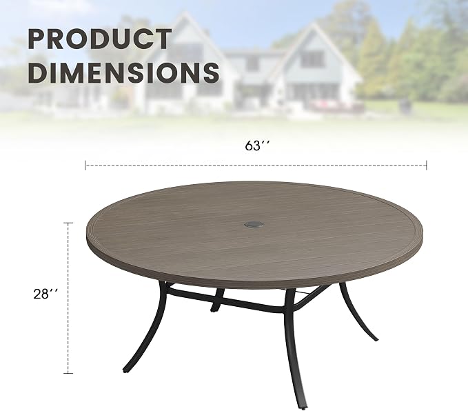 Outdoor Dining Table for 8, 63" Round Outdoor Table with Adjustable Umbrella Hole, All-Weather Metal Patio Dining Table for Lawn Garden Backyard Deck, Grey