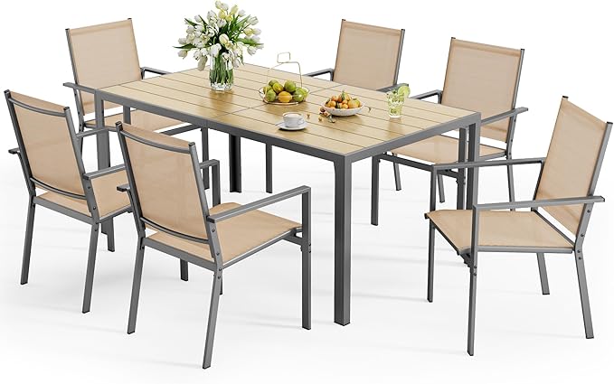 Ahomly Patio Table and Chairs Set for 6, Outdoor Dining Set Includes 59.5" Rectangle Patio Table with Side Umbrella Hole and 6 Textilene Fabric Patio Chairs for Backyard, Courtyard, Poolside, Brown