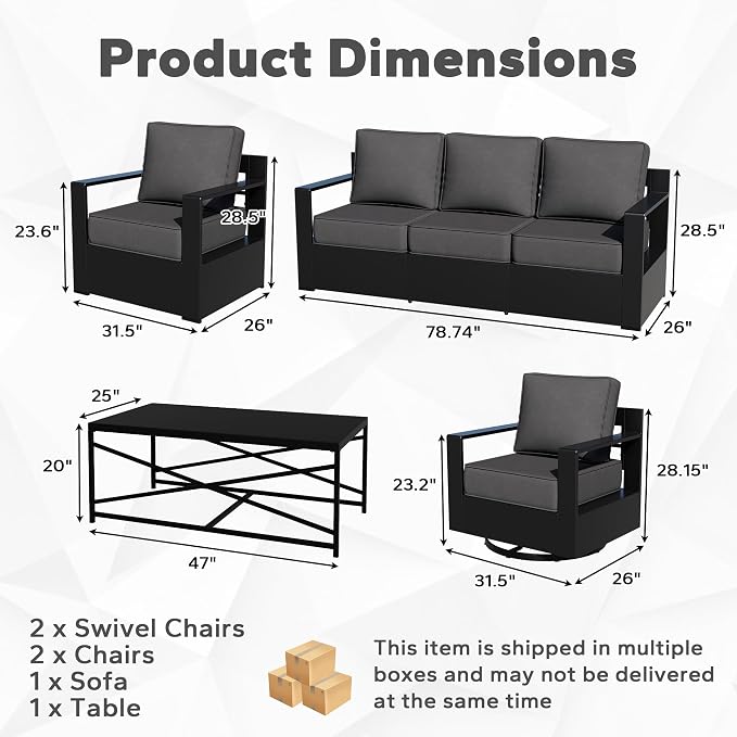 Outdoor Aluminum Furniture Set, 6-Piece Patio Conversation Set, 2 Swivel Chairs, 2 Chairs,1 Sofa and 1 Table, All-Weather Metal Frame, 6" Thick Removable Cushions, Deep Setting for Garden, Porch