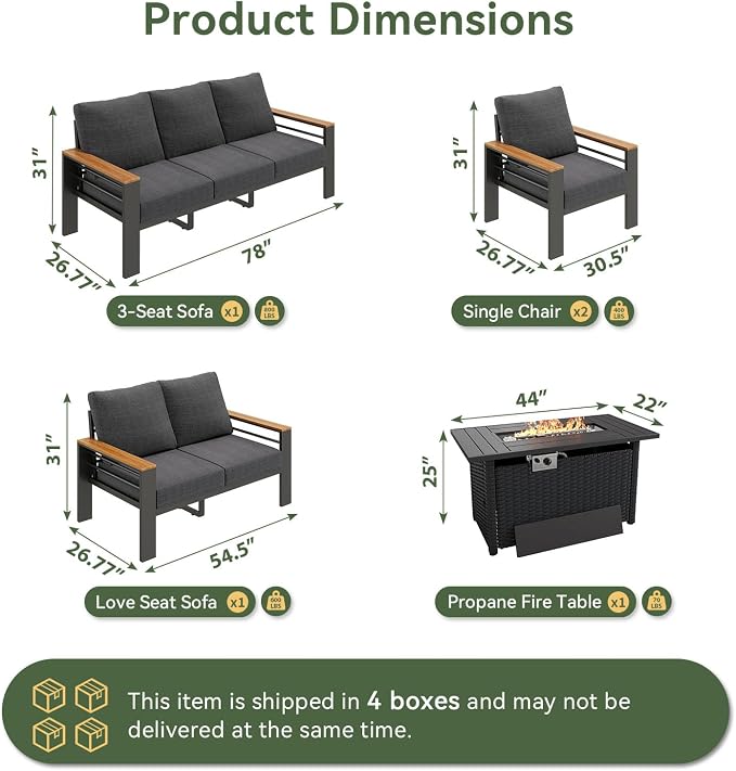 Aoxun Patio Furniture Set, Aluminum Patio Set with Fire Pit Table and 5" Thicken & Washable Cushion, Waterproof Outdoor Furniture, Outdoor Couch Sectional for Backyard (7 Seats/F, Dark Grey)