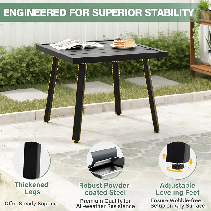 COOS BAY Urban Oasis Metal Patio Table, Small Square Side Table, Weather-Resistant Modern Outdoor Furniture, Black