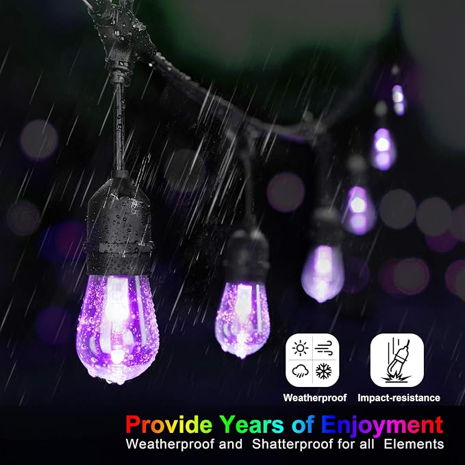 48FT Outdoor Patio RGB Cafe String Lights with Remote, Black | Plug in, 8 Lighting Modes, 15+2 S14 LED Edison Bulbs, Dimmable, Shatterproof, Waterproof, Linkable, for Christmas Party Yard