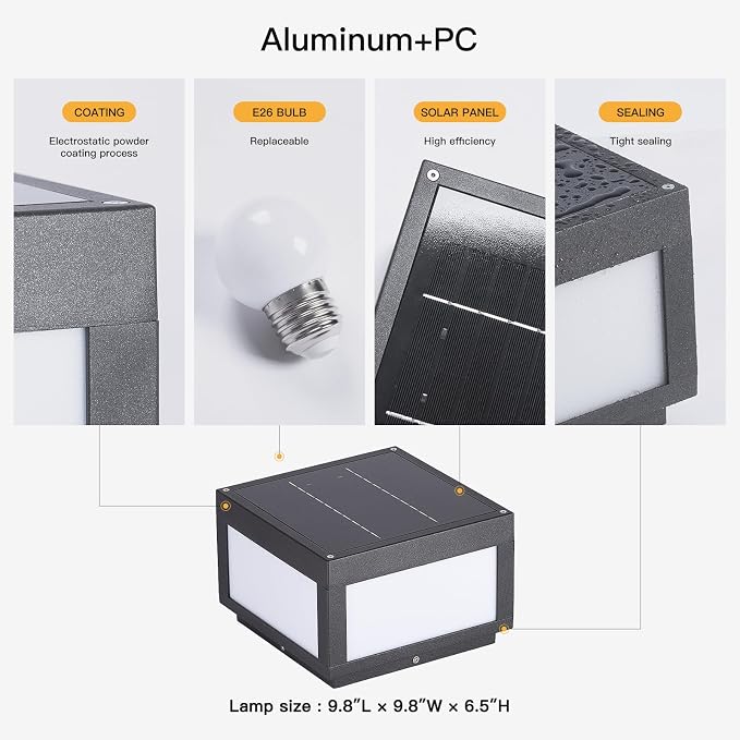 MVBT Square Solar Post Lights, 10" Column Light, 3000K Pillar Light Outdoor | Modern Column Lamp Waterproof, Dusk to Dawn Post Lantern, Stainless Steel Gate Post Light for Outside Patio Yard Fence Deck