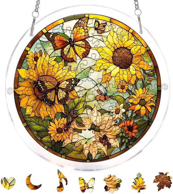 Acrylic Puzzle Suncatcher, Sunflower and Butterfly Stained Glass Window Hanging, Sun Catcher Puzzle Kit Home Decor, Creative Mothers Day and Birthdays Gifts for Mom, Wife, Sisters, 7.87 inch