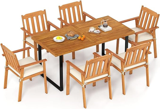 Tangkula 7 Pieces Patio Dining Table Set, 63” Rectangle Acacia Wood Table with Umbrella Hole and 6 Cushioned Armchairs, Outdoor Dinette Furniture for Garden Backyard Kitchen