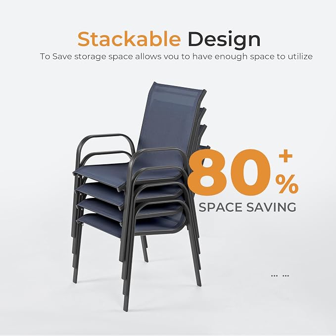 HAPPATIO Outdoor Patio Dining Set, 8 Quick Dry Textilene Dining Chairs and Dining Table with Umbrella Hole, Stackable Textilene Chairs for Garden, Patio and Poolside Backyard, Blue