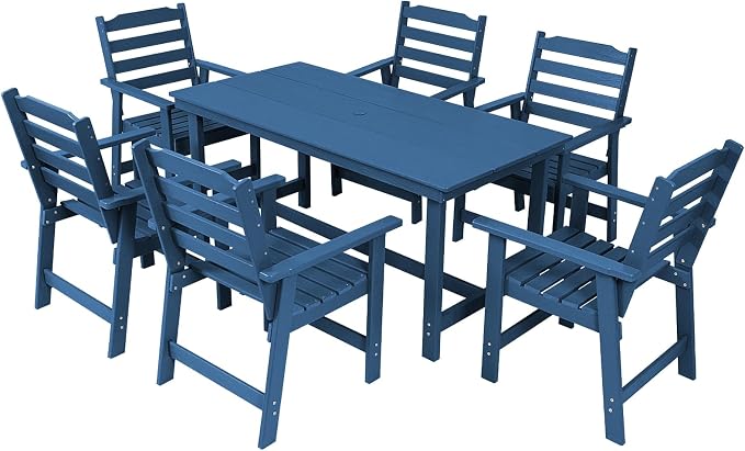 FUNBERRY Outdoor Dining Set, HDPE 7 Piece Dining Table Set with Chairs | 2" Umbrella Hole Table, Wood-Grain, HDPE All Weather, No Rot or Rust or Crack, UV Fade Shield, Easy-Clean for Outside