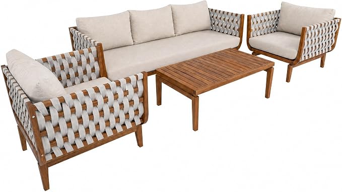 Christopher Knight Home Gwen 4 Piece Acacia Wood Patio Conversation Set with Sofa, Coffee Table and 2 Club Chairs, 3-Seater Sofa with Water-Repellent Cushion, Outdoor Patio Furniture Set, Teak+Beige