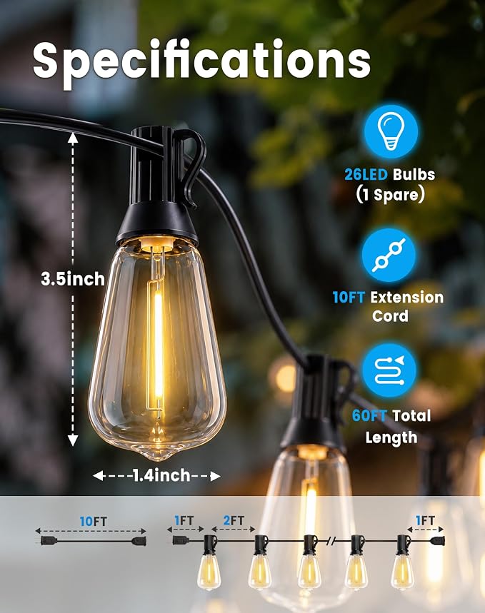 60FT(50+10) String Lights Outdoor, 2FT Bulb Spacing, Waterproof Shatterproof Warm White ST38 LED Edison Bulbs, Extension Cord, Plug in Connectable Hanging Patio Lights for Outside, Backyard