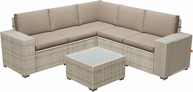6 Piece Patio Furniture Set, 9.8" Wide Arm Sectional Sofa with Storage Armrests, All-Weather Rattan Outdoor Conversation Set for Garden, Porch, Lawn, Backyard, Balcony, Khaki