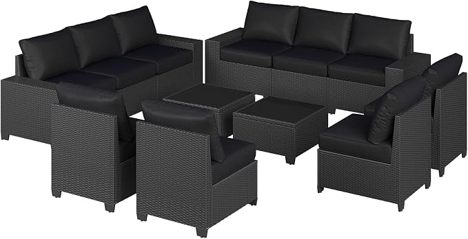 Aoxun Patio Furniture Set, 12 Pcs Outdoor Patio Furniture Sets with 4 in Thicken Cushion and Coffee Table, Widen Armrests Wicker Outdoor Sectional for Backyard & Garden, Black
