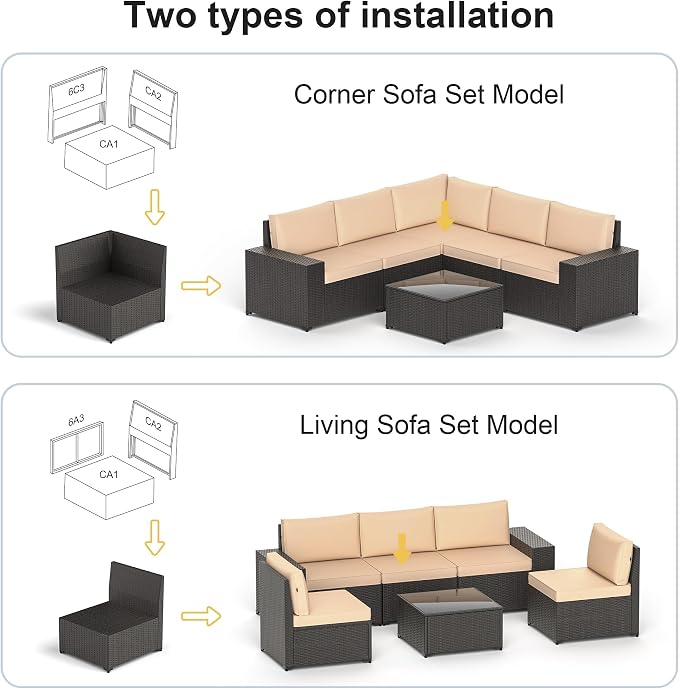 Patio Furniture Set, 6PCS Patio Sectional with Ottoman Wicker Rattan Outdoor Furniture with Thickened Cushion Modular Wicker Patio Conversation Set with Glass Top Table for Balcony, Backyard(Khaki)