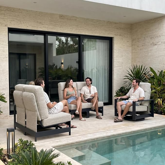 LayinSun 4-Piece Patio Furniture Set, Outdoor Aluminum Conversation Set with 6" Thick Cushions, Modern Sectional Sets for Balcony Backyard Pool